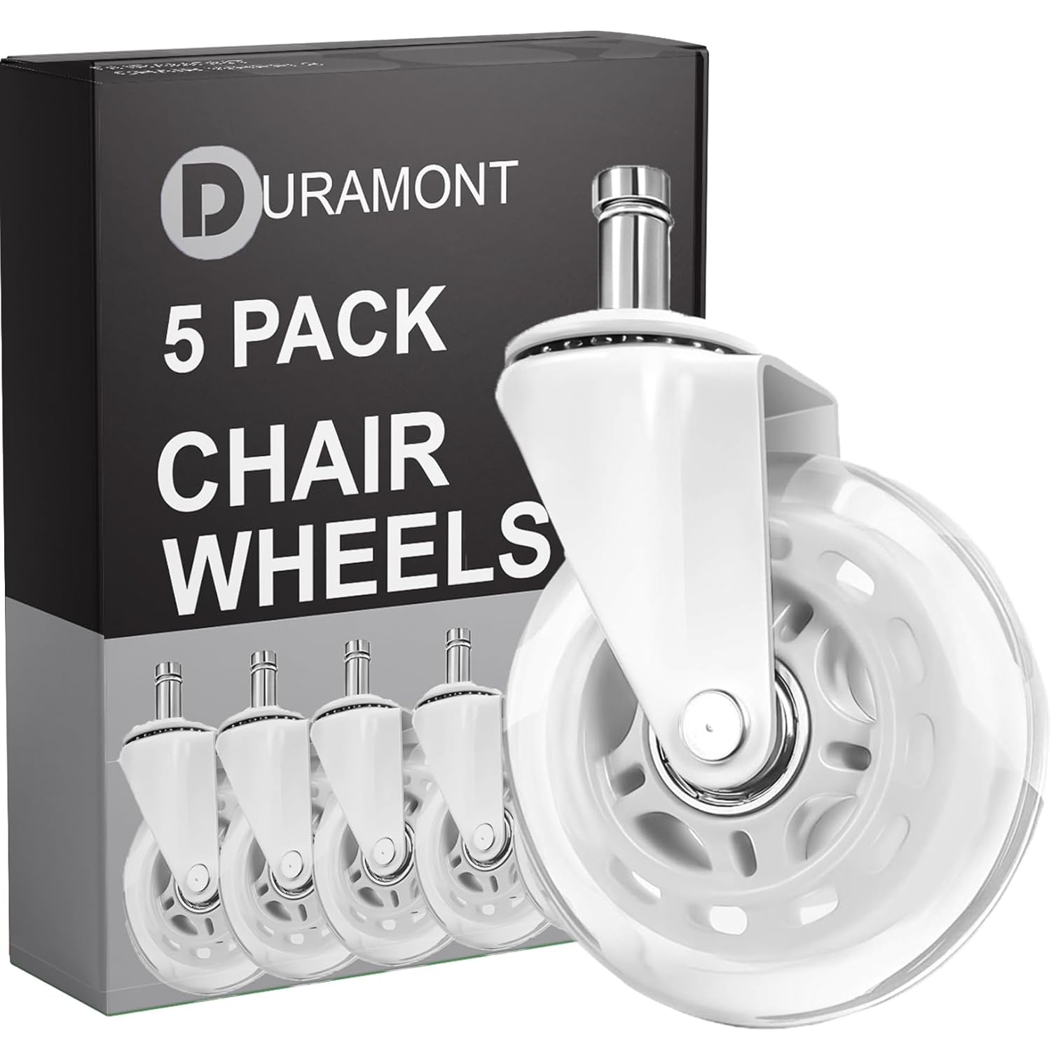 Office Chair Wheels - Set of 5 Rollerblade-Style Casters, Smooth & Quiet Rolling, Protects Hardwood Floors & Carpets, Universal Fit, Durable and Long-Lasting - White